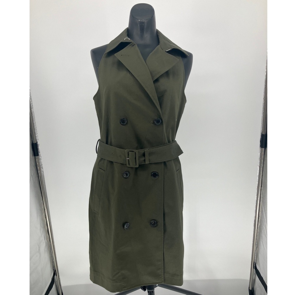Theory Womens Sleeveless Trench Coat Olive Green Double Breasted Belted Vest 8